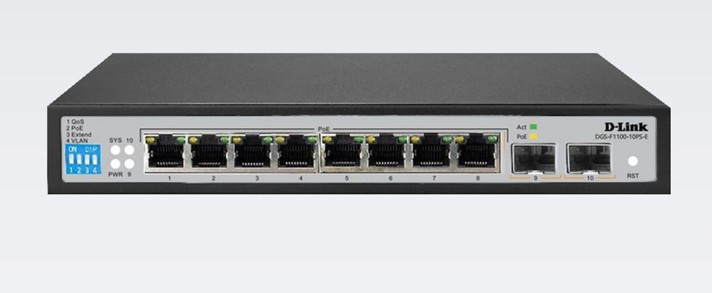 DGS-F1100-10PS-E	D-Link 10-port 10/100/1000Base-T Long Range 250m PoE+ Smart Switch with 8 PoE ports, 2 SFP ports, 96W PoE Power budget,  (802.3af/802.3at support), UK plug
