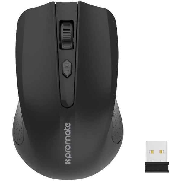 Promate 1600DPI Wireless Ergonomic Contoured Mouse, Black