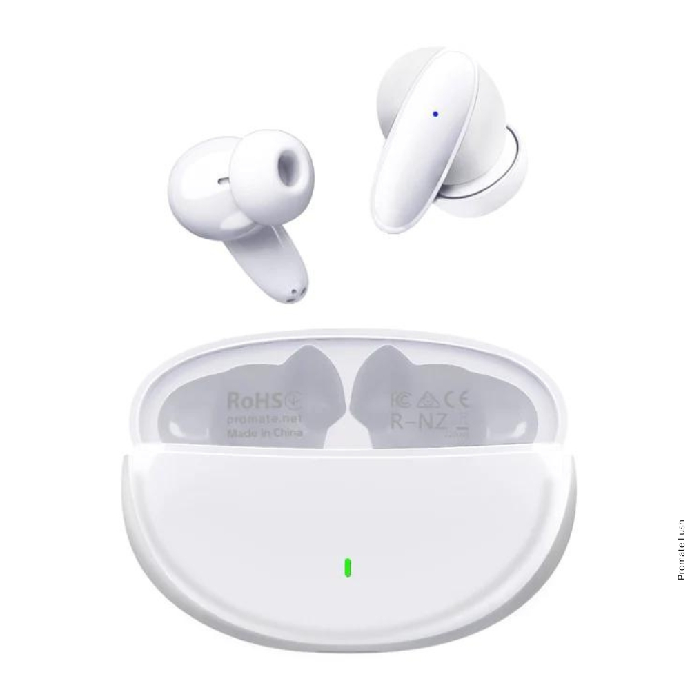 Promate Lush White Earphones - Promate Compact Bluetooth v5.1 TWS IPX5 Earphones, White