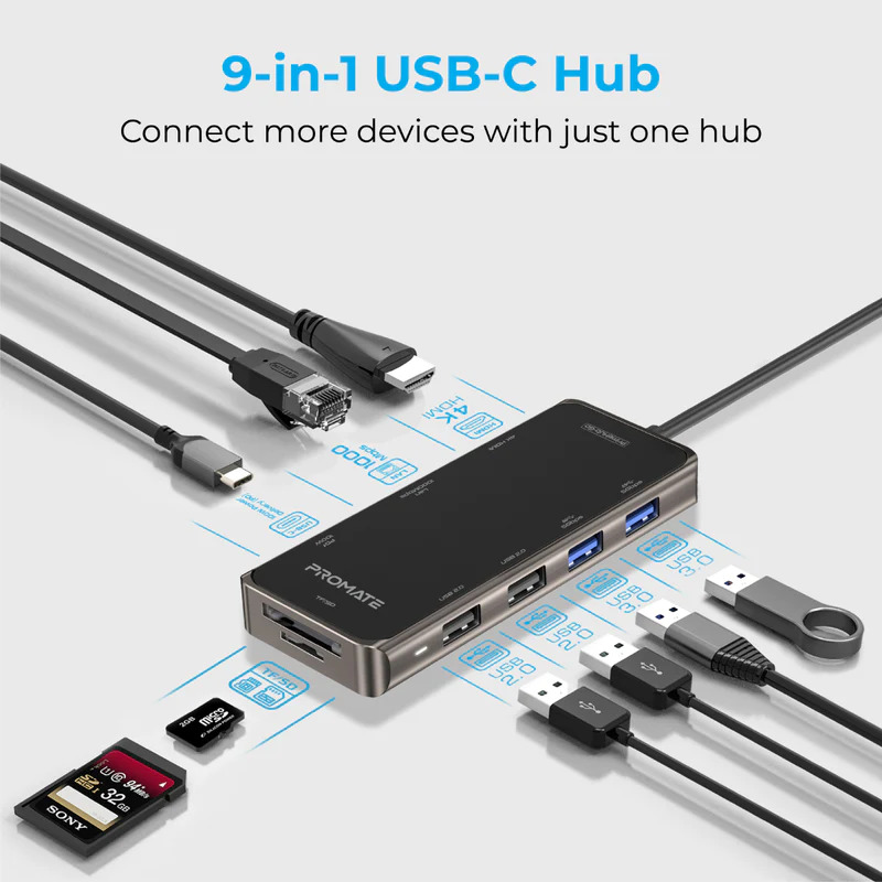 Promate Primehub Pro - Promate 11 in 1 USB-C Hub with 100W PD, 4K HDMI, 1080p VGA, Dual Display Support, 1Gbps LAN, SD/TF, AUX, USB-C Data, USB3.0 & USB 2.0 Ports