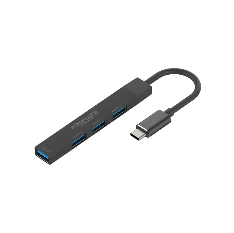 Promate Lighthub C - Promate USB-C Hub with 4 USB Ports, USB-C to USB-A Adapter Included, Black