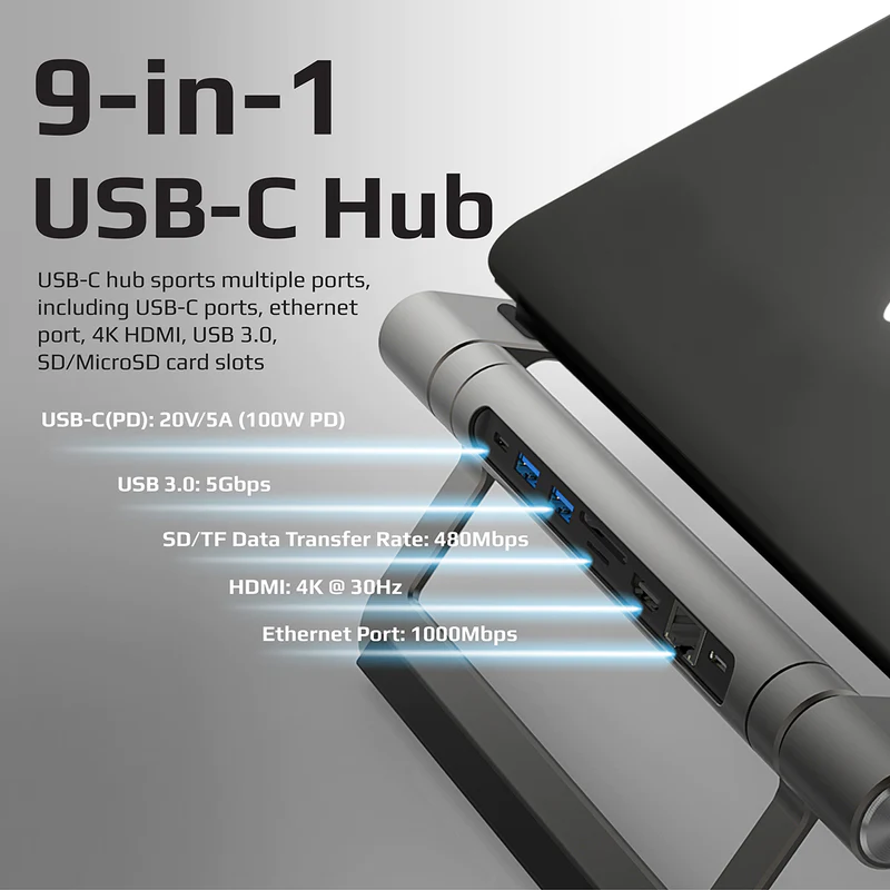 Promate Primebase C - Promate Laptop Stand + Removable USB-C Hub with 4K HDMI, RJ45, 100W USB-C PD, USB-C Data, 2xUSB3.0, .. SD/TF
