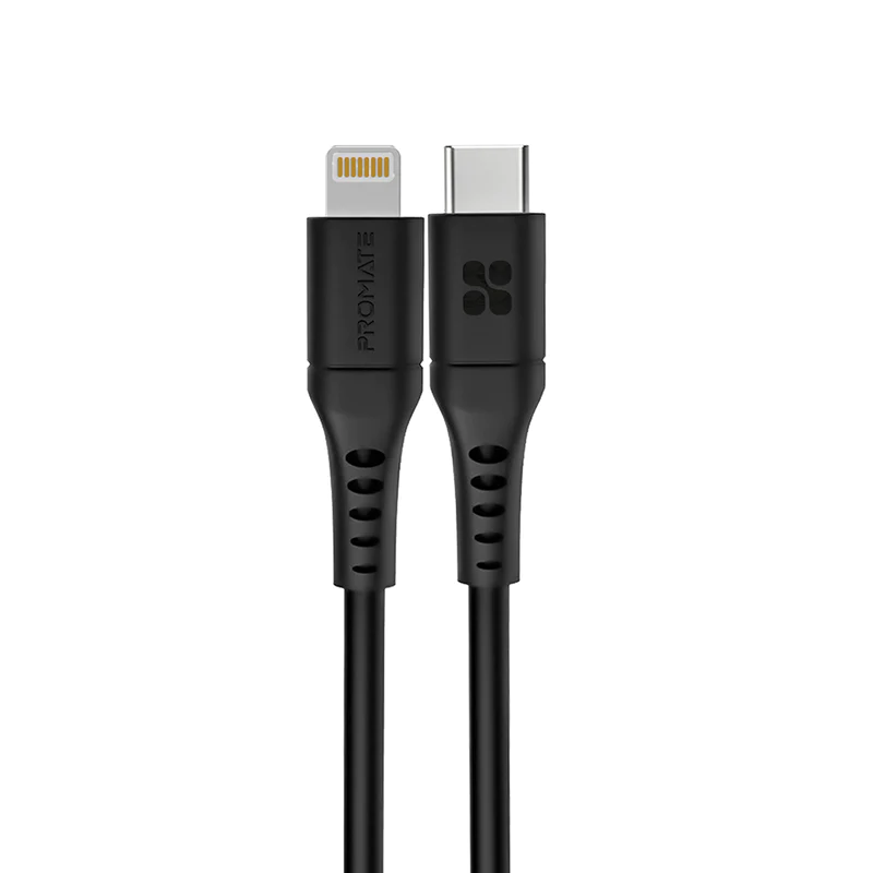 Promate 20W  USB-C, soft silicon cable. 20W Power Delivery Fast Charging Lightning Cable-black