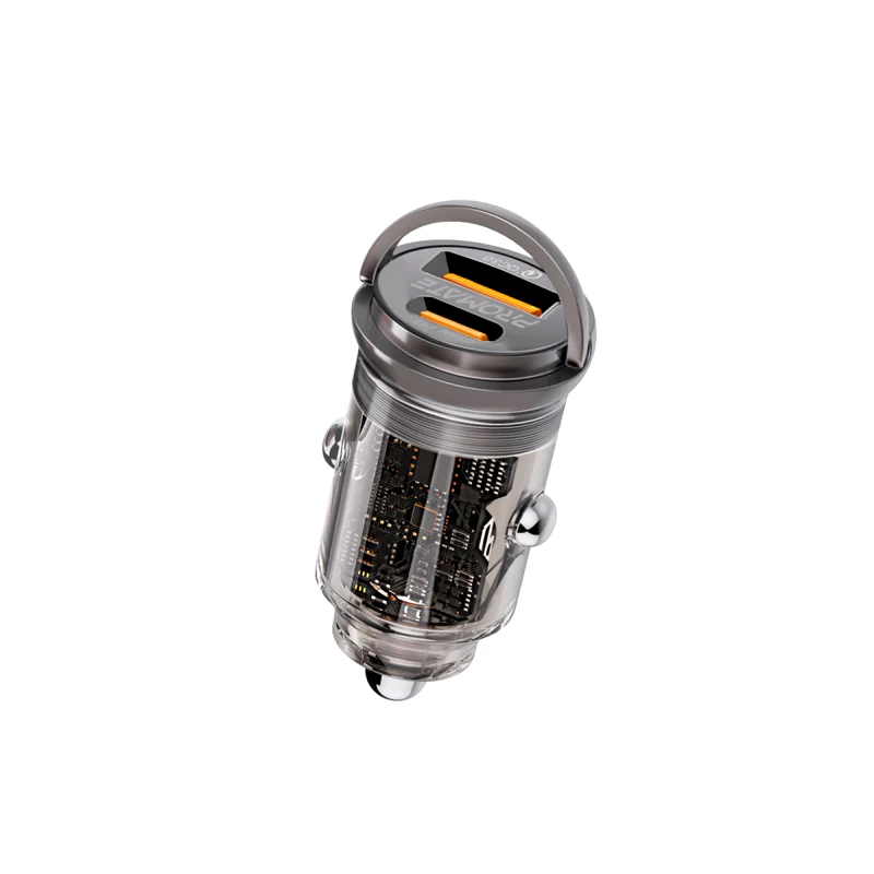 Promate Transparent Quick Charging Dual Port Mini Car charger • 65W Power Delivery USB-C for Laptops & Tablets  • 18W QC 3.0 for Smartphones • Super-Mini Form Factor • With Easy Pull Ring