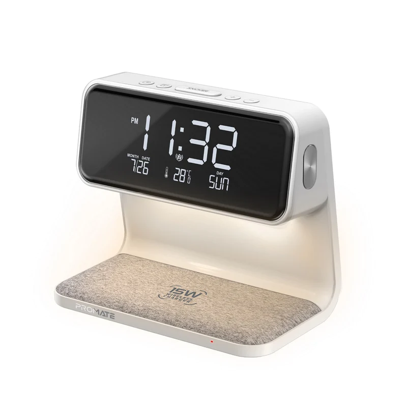 Promate LUMIX-15W.WHITE - Promate 3-in-1 Multi-Function LED Alarm Clock with 15W Wireless Charger • 10.7lm Night Light with 3 Brightness Modes • Dual Alarm with Snooze Function • 12Hr/24Hr Time Format