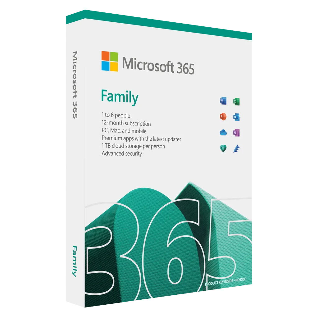 6GQ-01889 - Microsoft 365 Family English Subscr 1YR Africa Only Medialess (6 Users / 6 Devices) Contents- Premium Apps