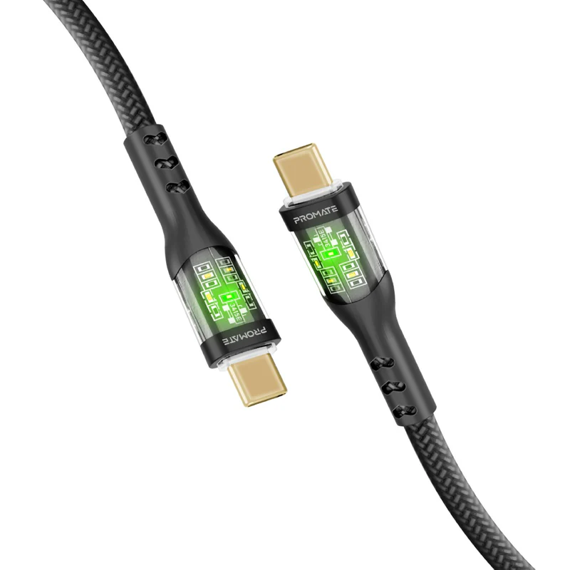 Promate TransLine-CC-60W Power Delivery Ultra-Fast USB-C Cable with Transparent Shells