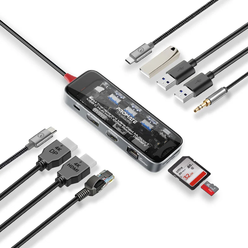 TRANSHUB-PRO Promate 11-in-1 Transparent Ultra-Fast Multi-Port USB-C Hub with 100W Power Delivery • 4K HDMI & Display Port • 1000Mbps LAN • USB 3.0 & USB 2.0 Ports • AUX • SD/TF Card