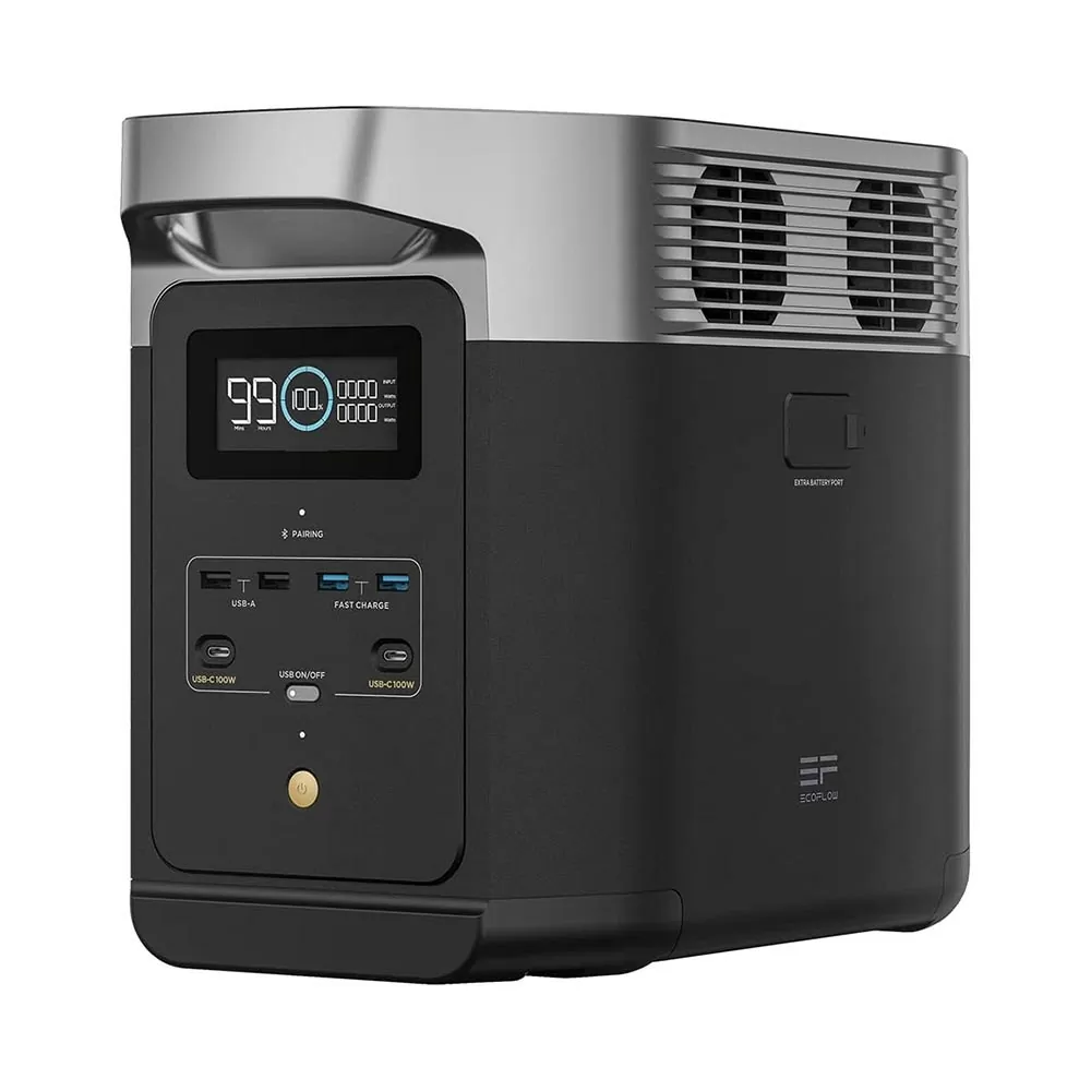 EcoFlow DELTA 2 – Portable Power Station (1800W, 1024Wh) -Capacity: 1024Wh, Extra Battery: Support one DELTA 2 extra battery or DELTA Max extra battery, AC Output: 4 outlets, 1800W total (Surge 2700W), Max Device(s) Power (with X-Boost): 2400W, USB-A Output: 2 ports, 5V, 2.4A, 12W Max, USB-A Fast Charge: 2 ports, 5V, 2.4A / 9V, 2A / 12V, 1.5A, 18W Max, USB-C Output: 2 ports, 5/9/12/15/20V, 5A, 100W Max, Car Power Output: 1 port, 12.6V, 10A, 126W Max, DC5521 Output: 2 ports, 12.6V, 3A, 38W Max, AC Charging: 1200W, DC Charging: 1100W, Car Charging: Support 12V/24V battery, 8A, Solar Charging: 11-60V, 15A, 500W max, Cycle life: 3000 cycles to 80+% capacity, Connectivity: Wi-Fi & Bluetooth, Net Weight: 12 kg