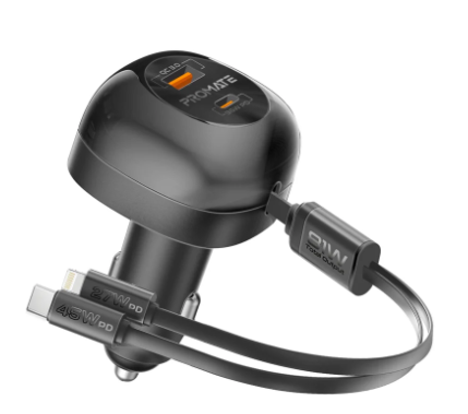Promate 81W Car Charger with USB-C Port, QC3.0 Port and..Retractable 45W PD USB-C & 27W PD Lightning Cable, 80cm Cable Length