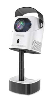 Promate Wireless 4K Ultra HD DLP Projector with Built-in HiFi Speaker, 250ANSI Brightness, Motorized Height adjustment, Bluetooth Audio Connectivity.