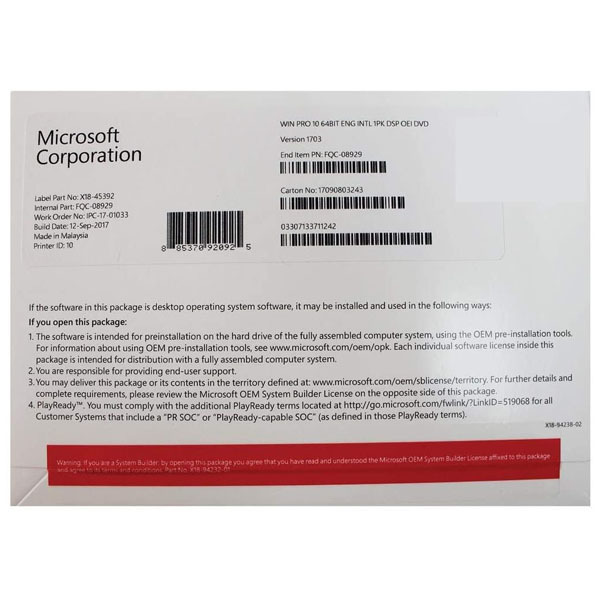 Microsoft Win Pro 10 64 Bit Eng Intl 1pk DSP OEI D