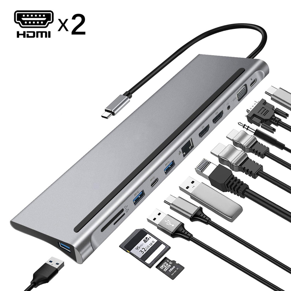 Type C to 12 in 1 (2 x HDMI + 3 x USB 3.0 +2 x Type C + VGA + SD + TF + Audio + LAN)