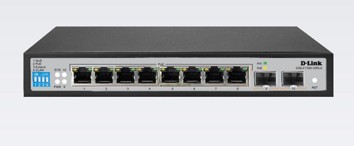 [DGS-F1100-10PS-E] DGS-F1100-10PS-E	D-Link 10-port 10/100/1000Base-T Long Range 250m PoE+ Smart Switch with 8 PoE ports, 2 SFP ports, 96W PoE Power budget,  (802.3af/802.3at support), UK plug