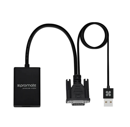 [Promate VGA-HDMI Adapter] Promate VGA to HDMI Display Adaptor with 1080p ResoluOon & Built-in USB Cable for Audio & Power, Black