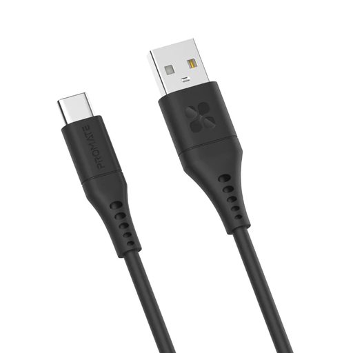 [Promate POWERLINK-AC200 BLACK] Promate Ultra-Fast USB-A to USB-C Soft Silicone cable • Soft Silicone Cable • 25000+ Bend Lifespan • 3A Fast Charging • 2 Meter Length