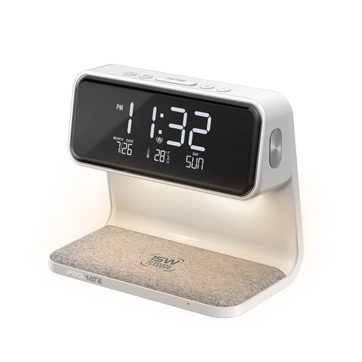 [Promate LUMIX-15W.WHITE] Promate LUMIX-15W.WHITE - Promate 3-in-1 Multi-Function LED Alarm Clock with 15W Wireless Charger • 10.7lm Night Light with 3 Brightness Modes • Dual Alarm with Snooze Function • 12Hr/24Hr Time Format
