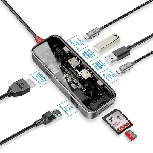 [Promate TRANSHUB-MINI] Promate TRANSHUB-MINI 8-in-1 Transparent Ultra-Fast Multiport USB-C Hub with 100W Power Delivery • 4K HDMI Port • 1000Mbps LAN • USB 3.0 5Gbps Ports  •  SD/TF Card Slots • Plug & Play
