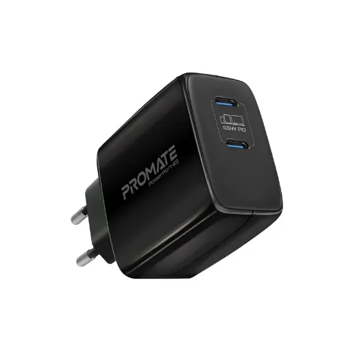 [PowerPort-65-black-UK] Promate 65W Super Speed GaNFast® Charging Adapter with Dual USB Ports
