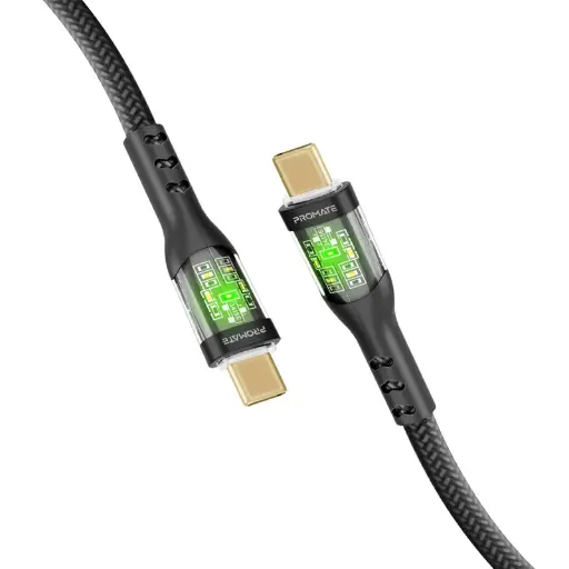 [TransLine-CC.Black] Promate TransLine-CC-60W Power Delivery Ultra-Fast USB-C Cable with Transparent Shells