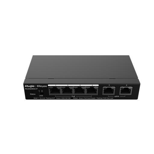 [RG-ES206GC-P] RG-ES206GC-P Reyee  6-Port Gigabit Smart Cloud Managed PoE Switch.  6 x 10/100/1000Base-T, 4 x PoE+ ports, 12 Gbps Switch capacity. PoE 54W, IEEE 802.3at / IEEE 802.3af. 