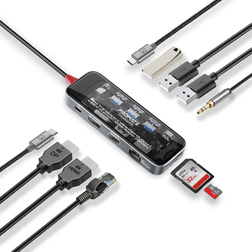 [TRANSHUB-PRO] TRANSHUB-PRO Promate 11-in-1 Transparent Ultra-Fast Multi-Port USB-C Hub with 100W Power Delivery • 4K HDMI & Display Port • 1000Mbps LAN • USB 3.0 & USB 2.0 Ports • AUX • SD/TF Card