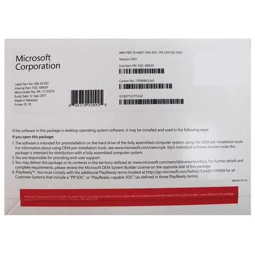 [FQC-08929] Microsoft Win Pro 10 64 Bit Eng Intl 1pk DSP OEI D