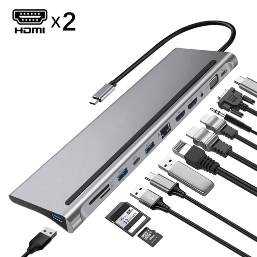 [USBC-12DOCKING] Type C to 12 in 1 (2 x HDMI + 3 x USB 3.0 +2 x Type C + VGA + SD + TF + Audio + LAN)